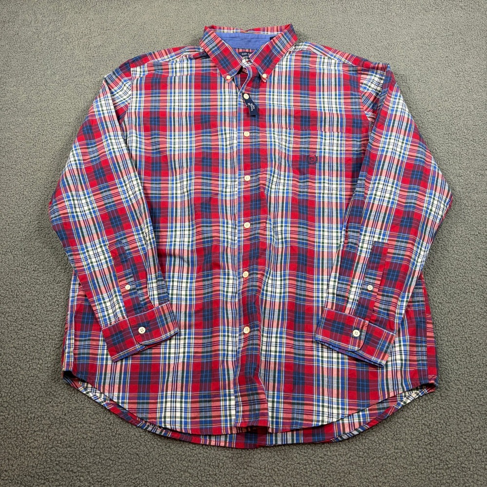 Chaps Button Down Shirt Mens XL Red Blue Plaid Easy Care Long Sleeve 74110R